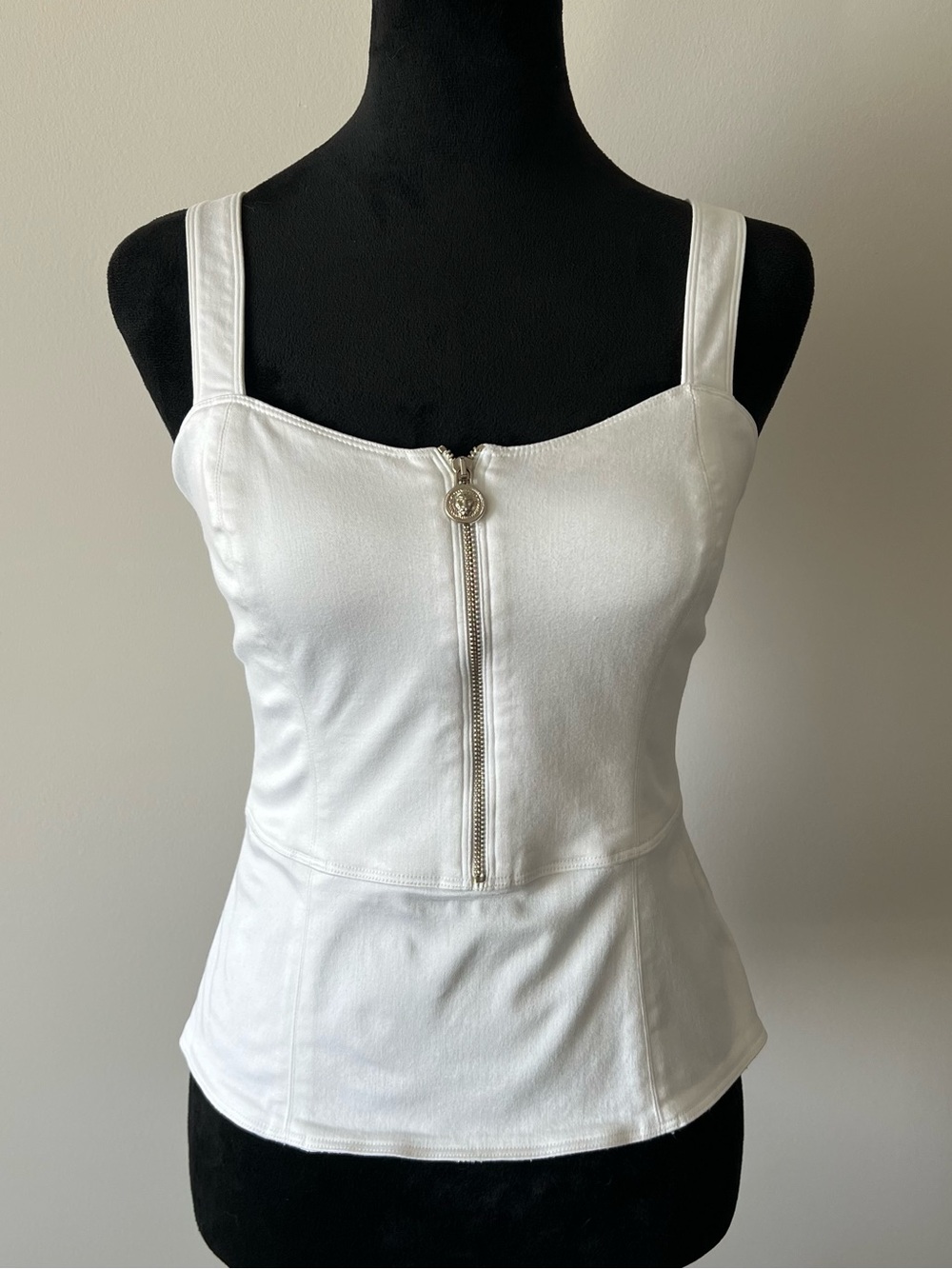 Versus By Versace White Peplum Blouse with Silver Zip Detail